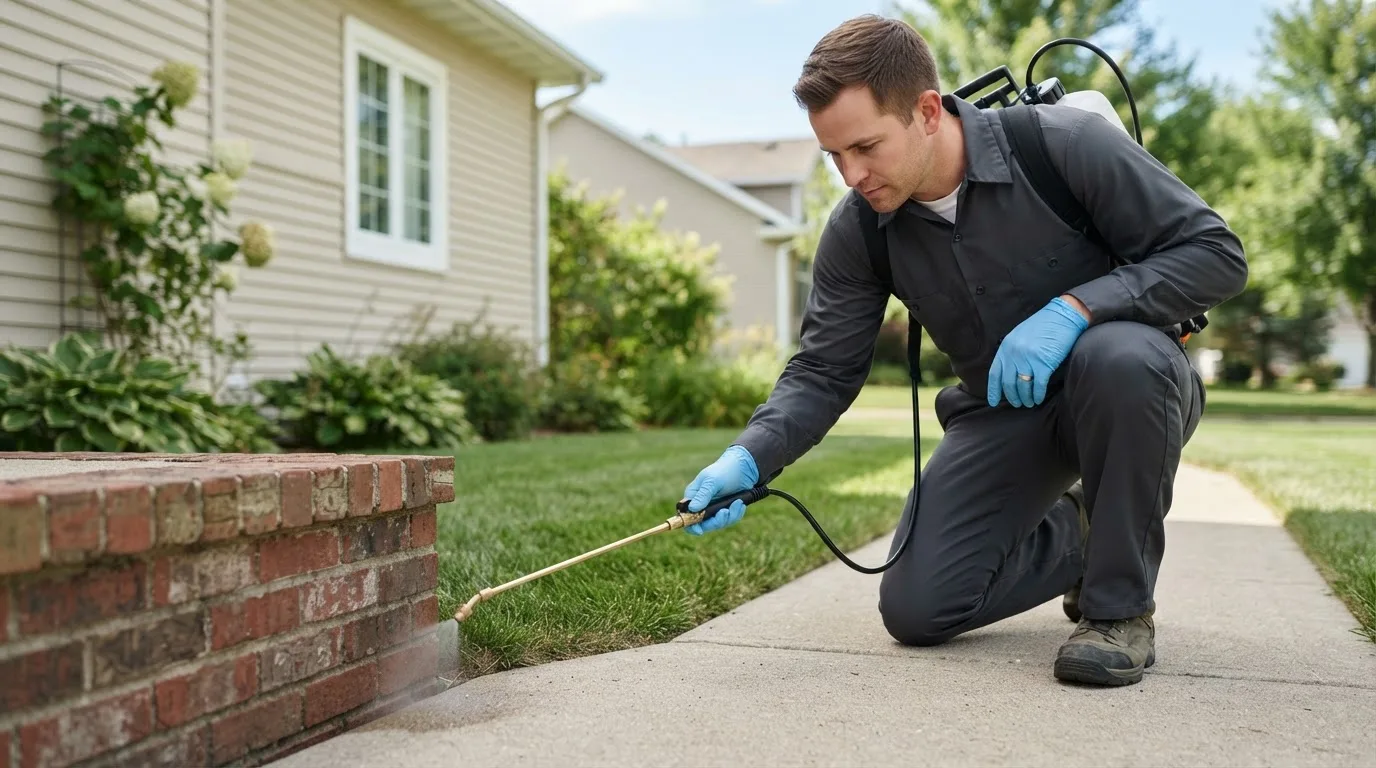 Pest control technician treating a home near Lyndon, KS